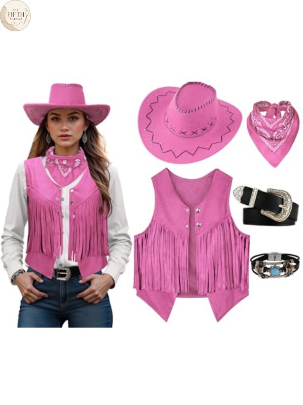 Cowgirl Costume Set Tassel Fringe Vest Hat Belt Scarf Bracelet Western Cosplay